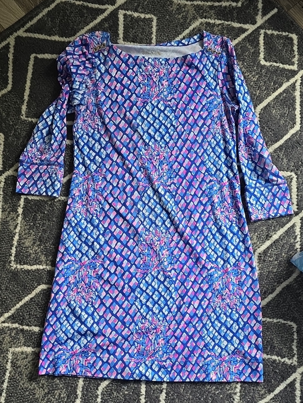 Lilly Pulitzer Blue and Pink Geometric Floral Shift Dress